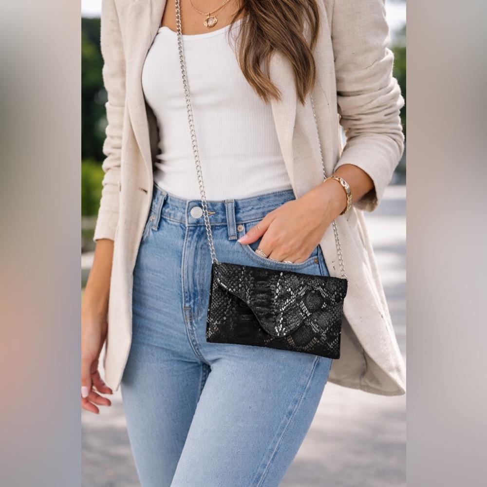 JJ Winters Envelope Crossbody Black Snakeskin Chain Bag